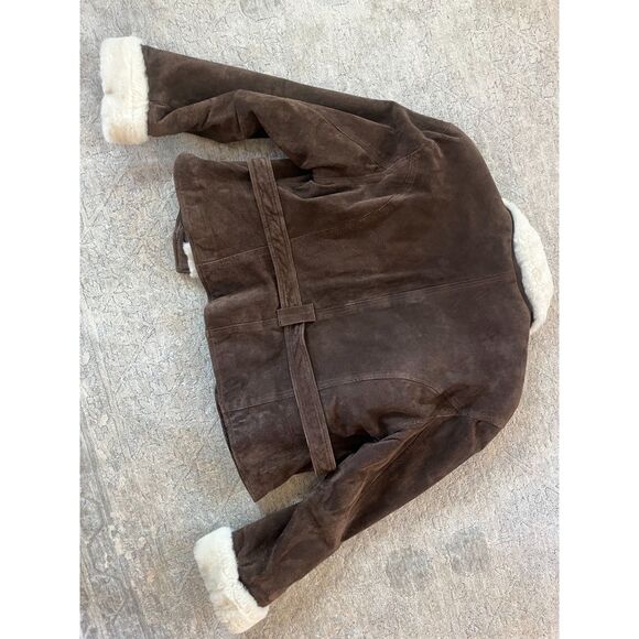 90s Adventure Bound Leather Shearling Sherpa Deep Pile Fur Bomber Jacket Women M - Picture 8 of 9